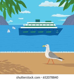Nautical poster concept. Seagull on sea beach. Hand drawn cartoon style. Seaside vacation design element. Retro vintage seashore sign. Marine cruise ship icon. Cruising banner. Vector illustration
