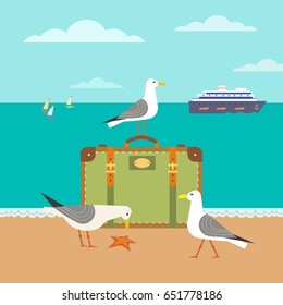 Nautical poster concept. Seagulls on sandy beach. Hand drawn cartoon style. Seaside vacation design element. Retro vintage seashore scene. Marine vessel sailing sign symbol. Coast vector background