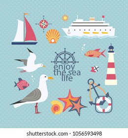 Nautical poster concept. Set of cute cartoon seaside symbols in retro cartoon style. Fancy letters maritime headline. Marine icons of vintage seashore lifestyle banner background. Vector illustration