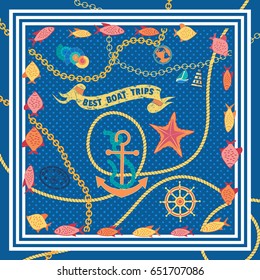 Nautical poster concept. Set of cute cartoon seaside symbols cartoon style. Maritime decorative elements pattern. Marine icons of vintage seashore lifestyle banner background. Vector illustration