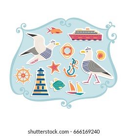 Nautical poster concept. Set of cute cartoon seaside symbols in retro cartoon style. Fancy paper cut tourism icons. Marine icons of vintage seashore lifestyle banner background. Vector illustration