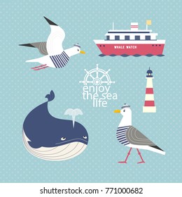 Nautical poster concept. Set of cute cartoon seaside symbols in retro cartoon style. Fancy letters maritime headline. Marine icons of vintage seashore lifestyle banner background. Vector illustration