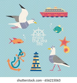 Nautical poster concept. Set of seaside symbols in retro cartoon style. Cute seagull. Fancy letters maritime headline. Marine icons of vintage seashore lifestyle banner background. Vector illustration