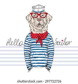 nautical poster, furry art, hand drawn illustration of labrador sailor, t-shirt print