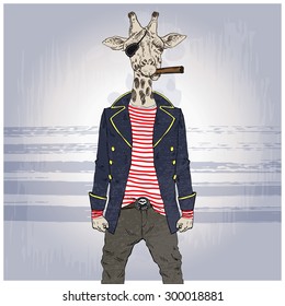 nautical poster, furry art, hand drawn illustration, animal illustration, giraffe pirate