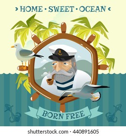 Nautical poster with old sailor smoking pipe helm sea and palm trees on uninhabited island flat vector illustration