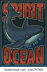 Nautical poster with whale in vintage style. Colorful vector illustration