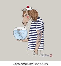 nautical poster,furry art, hand drawn illustration of horse sailor with seahorse