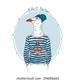 nautical poster,furry art, hand drawn illustration of seagull sailor