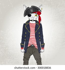 nautical poster,furry art, hand drawn illustration, animal illustration, skinny cat  pirate