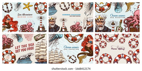 Nautical Posters set. Sea banners or backgrounds. Lighthouse, mermaid and marine captain, octopus and shipping sail, old sailor, ocean waves, seaman and lifebuoy. Hand drawn engraved old sketch.