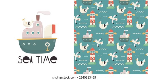 Nautical Print Card and Seamless Pattern for Kids Fabric, Textile, Wrapping Paper, Nursery Design. Vector Set with Cartoon Marine Ship, Lighthouse and Seagull