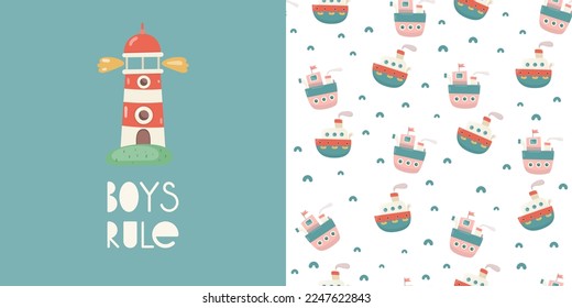 Nautical Print Card and Seamless Pattern for Kids Fabric, Textile, Wrapping Paper, Nursery Design.Vector Set with Cartoon Lighthouse, Marine Ship and Boat