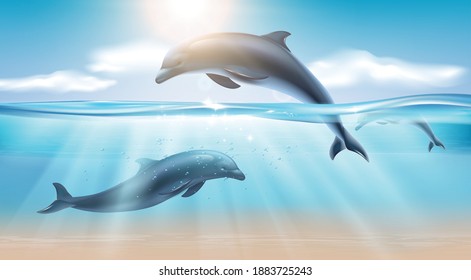 Nautical realistic background with jumping dolphin in sea water illuminated by sunlight vector illustration