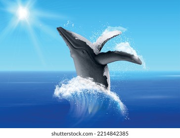 Fondo azul realista náutico con salto de ballena en agua de mar iluminado por ilustración de vector de luz solar