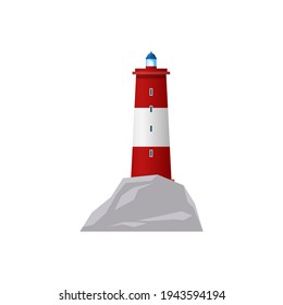 Icono de construcción aislado de la torre de rayas náuticas rojas. Faro alto vectorial, faro retro, diseño de edificio de navegación marítima. Rayo de guía del reflector, equipo de navegación marina