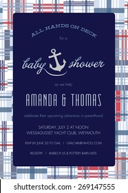 Nautical Red, White and Blue Baby Shower Invitation Template with Madras Pattern Background - Vector