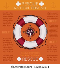 Nautical rescue and first aid poster, lifebuoy with compass on orange background, warning vector card leafled