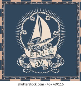 Nautical Retro Drawing of Sailing Vessel with Sign and Ropes Frame