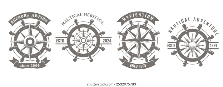 Nautical retro emblem set. Old ship steering wheel and wind rose navigation signs isolated vector illustration
