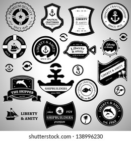 Nautical Retro Labels, Seal And Icons - Set - Isolated On Gray Background - Vector Illustration, Graphic Design Editable For Your Design. Nautical Logo