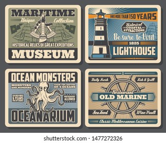 Nautical retro posters with vector sea ships, sailing boats and helm, marine lighthouse, octopus and vintage sextant. Oceanarium ocean monsters, maritime museum and seafood restaurant design