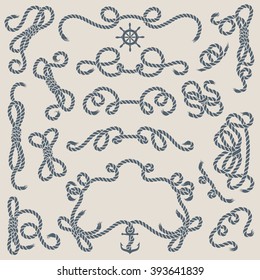 Nautical Retro Vignettes. Design Elements of Rope Knots, Vignettes, Corners and Frames