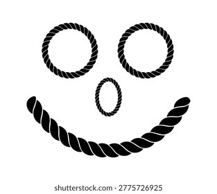 Nautical rope border elements, circular marine frames, twisted cord smile icon, black naval cordage set, maritime art.