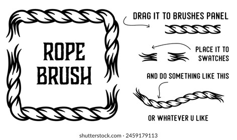 Nautical rope brush for graphic design, featuring instructions on dragging it into the brushes panel and applying it to swatches for creative projects.