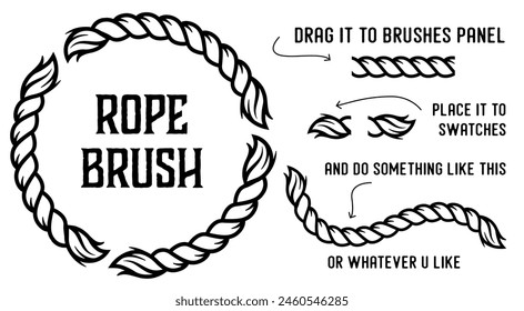 Nautical rope brush for graphic design, featuring instructions on dragging it into the brushes panel and applying it to swatches for creative projects.