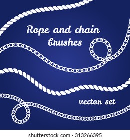 Nautical rope and chain brushes set. Vector flat design. Decorative vector knots. Isolated white chains design. Ropes collection.

