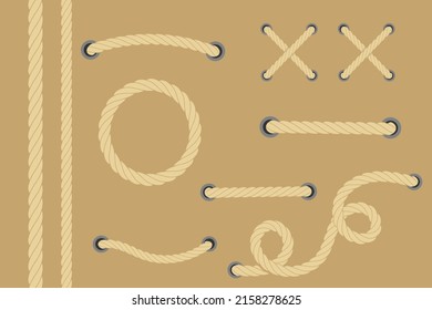 Nautical rope collection. Round and square rope frames, cord borders. Sailing vector decoration elements. Rope marine, nautical border, cord round, twisted string knot 