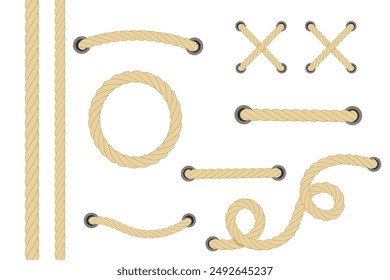 Nautical rope collection. Round and square rope frames, cord borders. Sailing vector decoration elements. Rope marine, nautical border, cord round, twisted string knot 