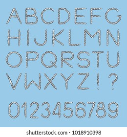 Nautical Rope Font. Light twisted handdrawn cord letters isolated on blue background. Uppercase characters, numbers, exclamation, question marks. Realistic maritime style.