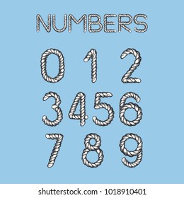 Nautical Rope Font. Light twisted handdrawn cord numbers isolated on blue background. Realistic maritime style.