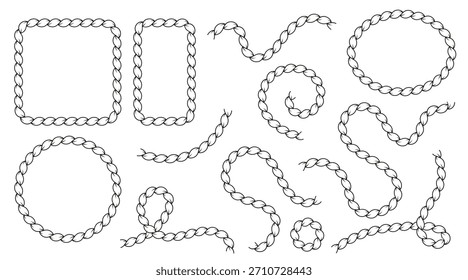 Marco de cuerda náutica con patrón trenzado circular. Borde marino redondo con textura de cuerda detallada y estilo de nudo marinero. Ilustración vectorial plana limpia aislada sobre fondo blanco.