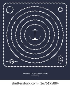 Nautical rope frames and borders set. Yacht style design. Vintage decorative elements. Template for prints, cards, fabrics, covers, flyers, menus, banners, posters and placard. Vector illustration. 