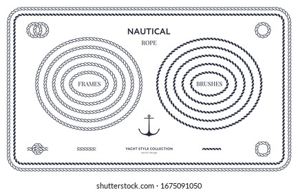 Nautical rope frames and bordes set. Yacht style design. Vintage decorative elements. Template for prints, cards, fabrics, covers, flyers, menus, banners, posters and placard. Vector illustration. 