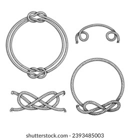 Nautical rope frames and elements set. Hand drawn sketch style illustrations collection. Isolated on white background.