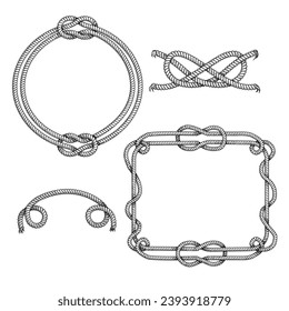 Marcos y elementos de cuerda náutica. Colección de ilustraciones de estilo de esbozo dibujado a mano. Aislado sobre fondo blanco.