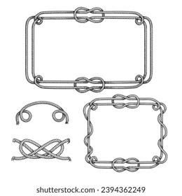 Nautical rope frames and elements set. Hand drawn sketch style illustrations collection. Isolated on white background.