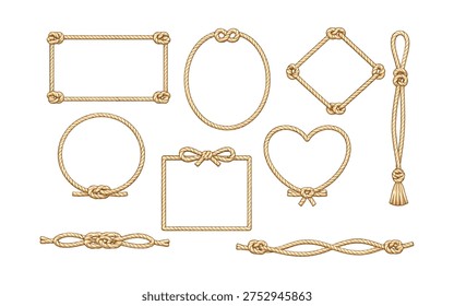 Nautical Rope Frames and Knots Collection  Marine Rope Borders, Circle, Square, Heart and Decorative Knot Elements Vector Set