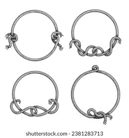 Nautical rope frames set. Hand drawn sketch style illustrations isolated on white background.