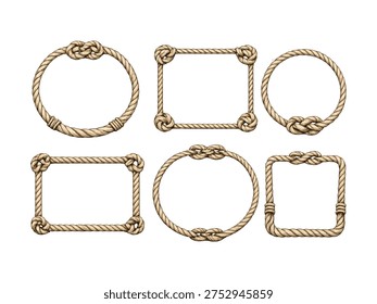 Nautical Rope Frames Set with Sailor Knots Marine Rope Circle and Square Borders Decorative Vector Collection