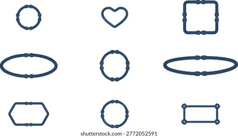 Nautical rope frames set, twisted marine cord borders, round oval square rectangle and heart ropework decorative elements, vintage maritime badges and labels isolated on transparent background