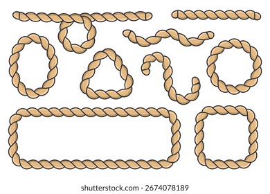 Nautical rope frames and shapes set. Vector marine borders, knots, circles, and decorative rope elements for design and sea style.