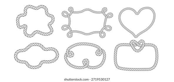 Marcos de cuerda náutica en varios círculos de Formas, óvalos, rectángulos. Bordes de Vector con nudos trenzados perfectos para logotipos marítimos, diseños temáticos de marineros y Elementos de cuerda decorativos.