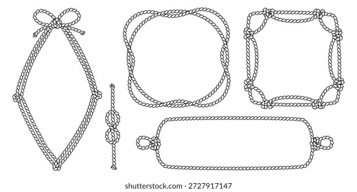 Nautical rope frames and vintage sailor knots collection. Vector marine borders with braided patterns and maritime decorative elements. Classic naval design with rhombus and rectangular shapes.