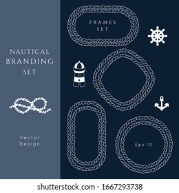 Nautical rope geometric vector frames set.Sea and ocean symbol white on navy blue.Templates collection for logo or branding.Sailor wedding, cruise, yacht club, business identity, menu, card design.
