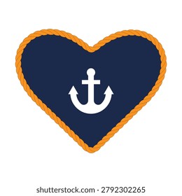 Nautical rope heart frame vector. Minimalist marine blue label with cord border and white anchor silhouette isolated on white background. Love and anchor logo. Anchor with a heart, a symbol of love for the sea, sailing. Vector marine anchor with rope heart.